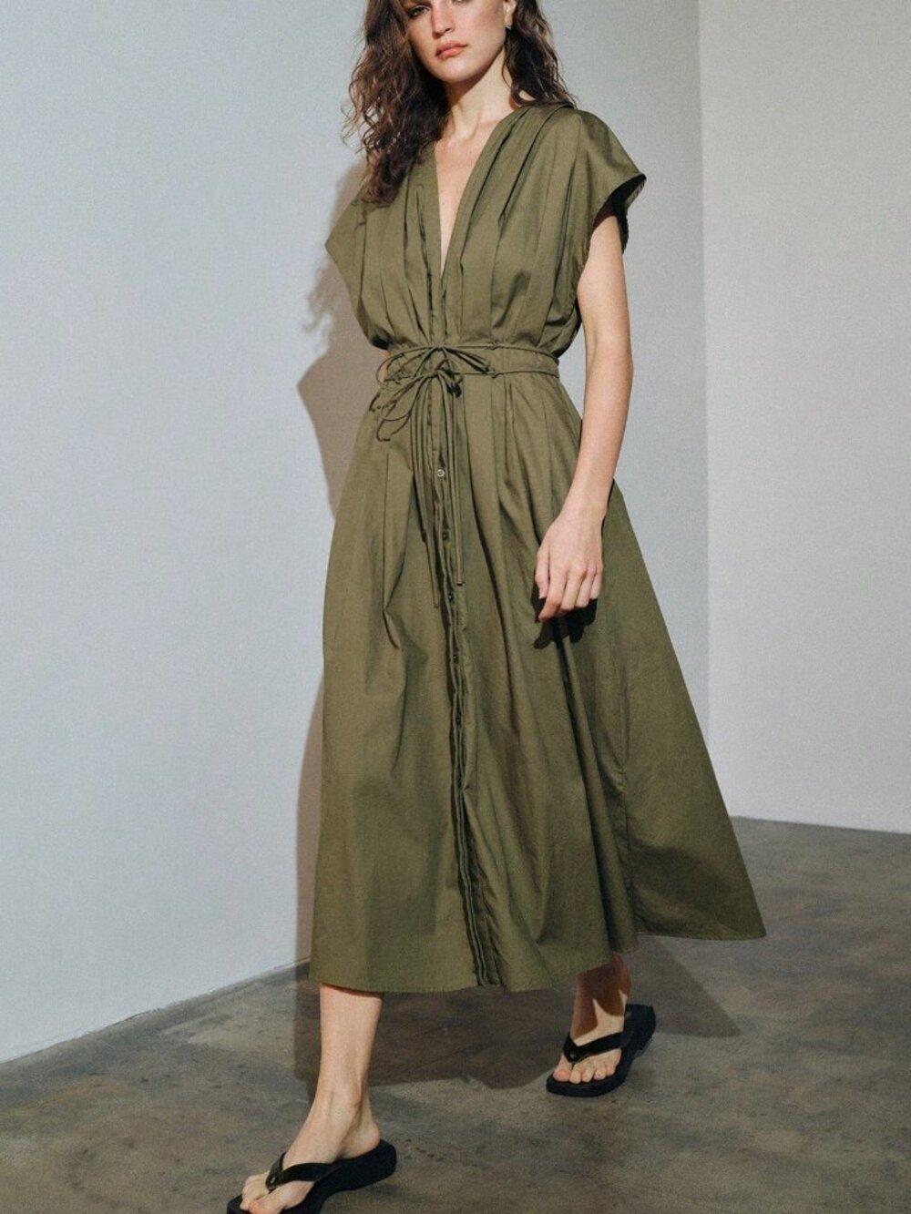 Army Green Casual Women's 100% Cotton Deep V Neck Long Dress